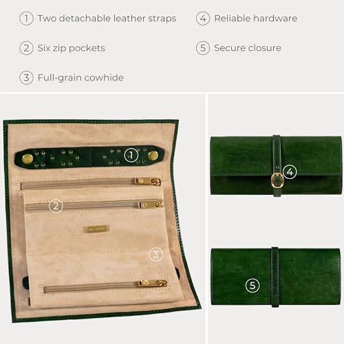 Image of Time Resistance Leather Jewelry Roll - Full Grain Leather Travel Jewelry Case - Jewellery Organizer Made in Italy (Green)