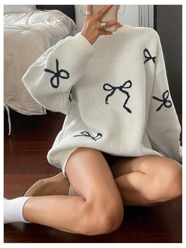 Women's Bow Print Sweater Long Sleeve Crew Neck Knit Oversized Pullovers Sweaters2