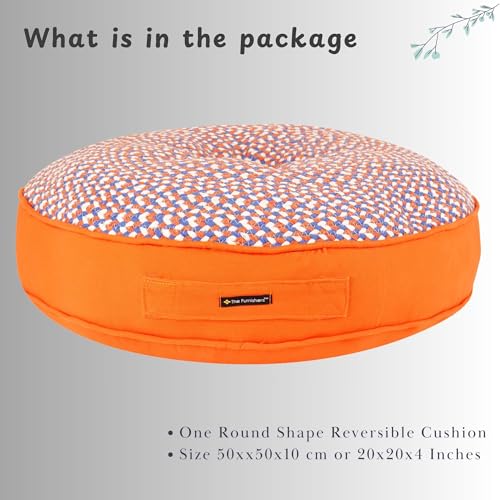 Image of Reversible 50x50x10 cm Woven Quilted Orange Floor Cushion with Cotton Filler for Seating, Patio Seat, Meditation, Yoga, Pooja, Guests, Living Room, Bedroom, Large Size 20x20x4 Inch