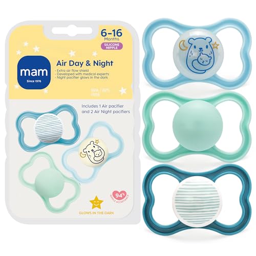 Image of MAM Air Pacifier for Babies 6-16 Months, Extra Air Flow for Sensitive Skin, Glows in The Dark, Developed with Medical Experts, BPA-Free Skin Soft Silicone, 3 Count, Made in Europe