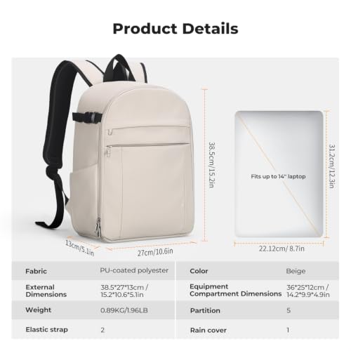 Image of K&F CONCEPT Lightweight Camera Backpack Bag, Professional Photography Bag Compatible with Canon /Nikon /Sony Camera and Lens Accessories, Camera Case with Tripod Strap & Rain Cover Beige