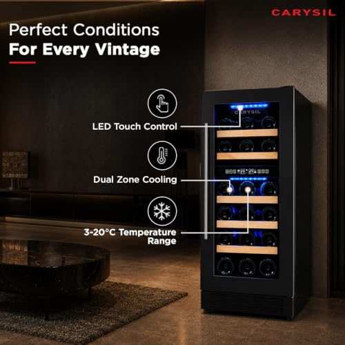 Image of Carysil Wine Chiller CW-31, 87 L Wine Cooler for up to 31 Bottles, Dual Zone Wine Refrigerator with 3-20C Temperature Control, LED Touch Control & Anti-UV Glass
