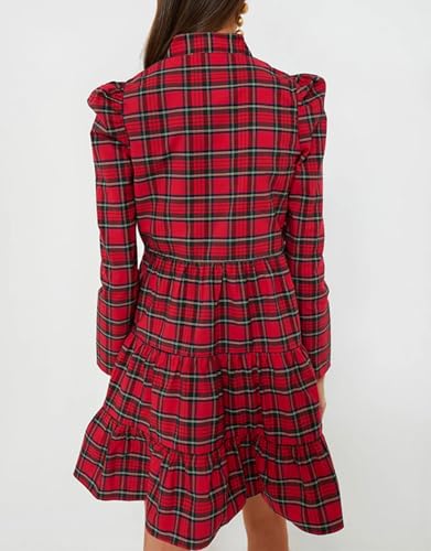 Women's Plaid Print Tunic Dress Long Sleeve V Neck Loose Shirt Dress Ruffle Hem Casual Swing Babydoll Dress2