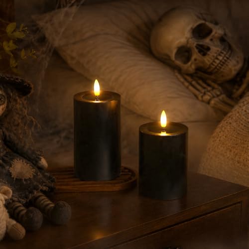Image of Yeelida Halloween Remote Flameless Flickering Pillar Candles with Candle Grease Effect,Pack of 3 Black LED Battery Oprated 2 /4 /6 /8 Hours Timer Real Wax Electric Candles(3x4,5,6 Inches)