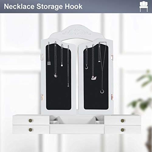 Vanity Beauty Station,Large Tri-Folding Necklace Hooked Mirrors,6 Organization 7 Drawers Makeup Dress Table with Cushioned Stool Set - White