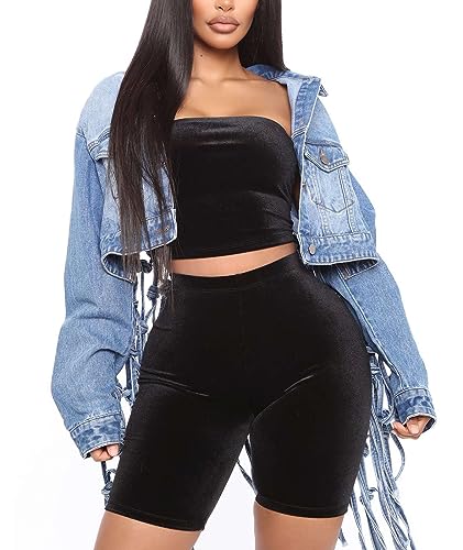 Sexyshine Women's Long Fringe Cropped Denim Jacket Back Hollow Out Knotted Tassel Distressed Blue Button Down Jean Coat3