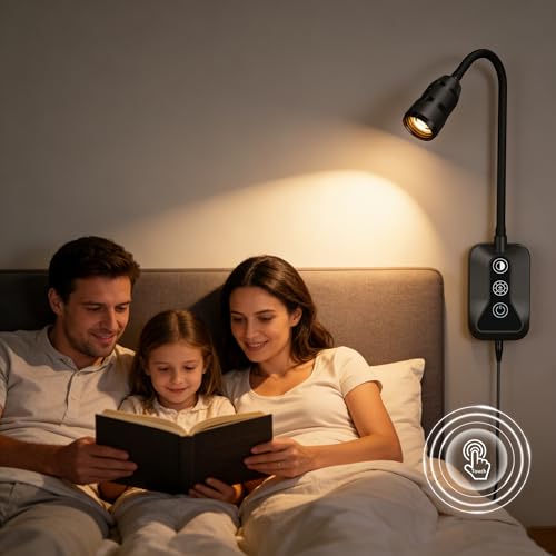 Image of LED Wall Mounted Reading Light with Wave Sensor /Touch Switch, 5 Color & 5 Level Dimmable Touch Bed Lights for Reading with USB C Output, Eye-Care Bedside Reading Light for Bed,Heaboard (Black)