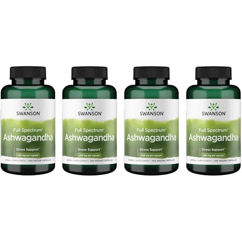 Image of Swanson Ashwagandha Powder Supplement - with Ashwagandha Root to Promote Stress Relief & Energy - Ayurvedic Supplement for Natural Wellness (100 Capsules, 450mg Each) 4 Pack