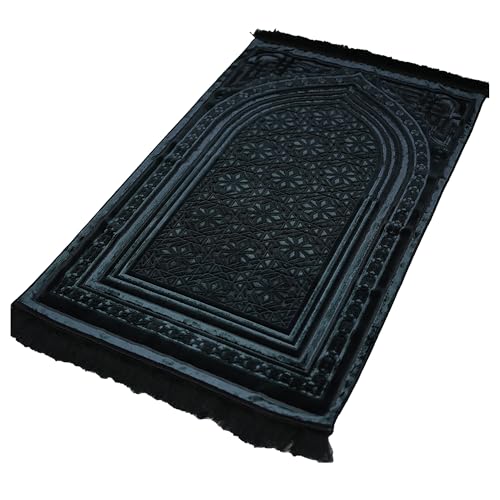 Modefa Luxury Velvet Prayer Rug with Prayer Beads | Soft Elegant Muslim Turkish Janamaz Sajada Carpet for Men and Women | Plain Solid Prayer Mat Ramadan Eid Gift - Najma (Black)