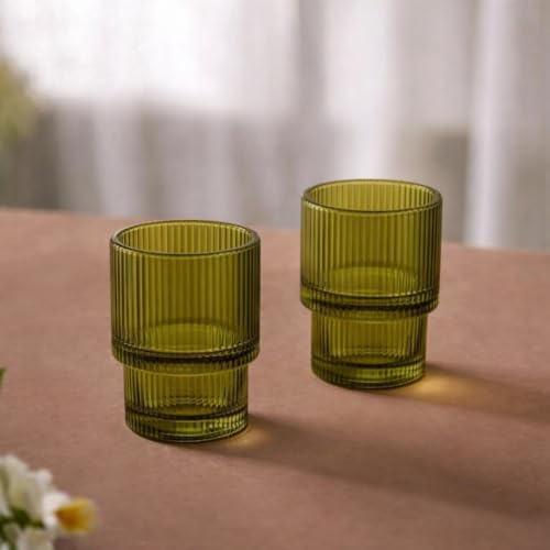 Image of 220 ML Premium Green Ribbed Drinking Glasses Set of 6, Vintage Water & Juice Glass Tumblers, Textured Glassware for Whiskey, Cocktail, Mocktail, Soft Drinks & Everyday Use (MT-47)