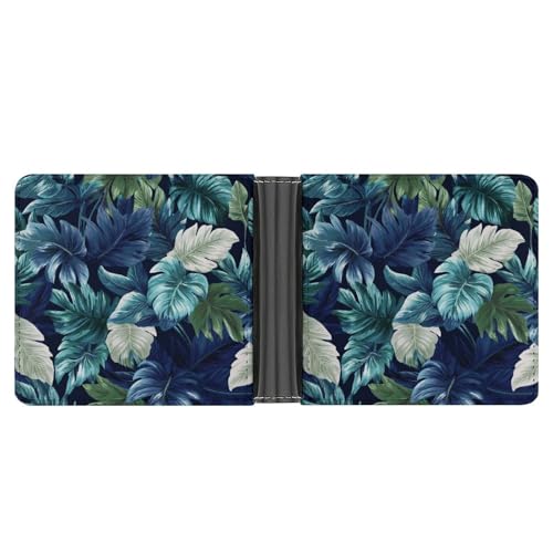 Dark Blue And White Tropical Leaves Soft PU Leather Bifold Wallet, Coin Purse Credit Pass Case, Durable Card-Holder Slim Billfold for Men Woman Money Storage3