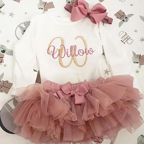 Custom Newborn Baby Girl Outfits With Name,Personalized Coming Home Clothes With Romper+Tutu Skirt+Headband Perfect Gifts For Baby Girl Shower Christmas3