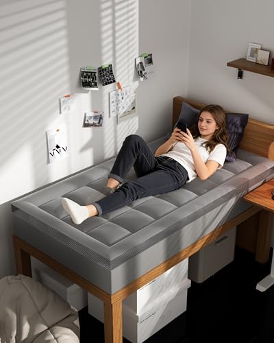 Image of ChiXpace Dorm Room Essentials Dual Layer 4 Inch Memory Foam Mattress Topper Twin XL Back to School - 2 Inch Gel Memory Foam and 2 Inch Pillow Top Mattress Pad, 7-Zone Egg Crate 2-in-1 Design (Grey)