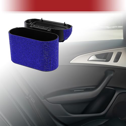 Image of ACROPIX Car Trash Can Trash Bin Rhinestones Hanging 6.3 inch Length 2.8 inch Width 5.5 inch Height Blue Black Rhinestone ABS