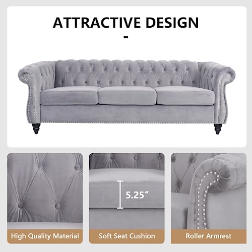 Image of QHITTY Accent Large Sofa, Chesterfield Couch 3 Seater Modern Velvet Couch Upholstered Sofa with Tufted Back for Living Room Furniture (Grey)
