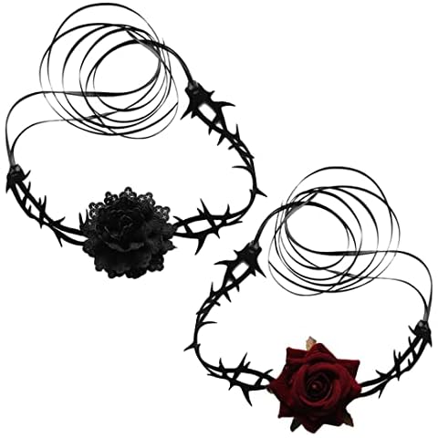 2 Pcs Retro Gothic Choker Adjustable Rose Necklace Women Classic Thorns Choker Halloween Costume Accessories Cosplay Jewelry Cover