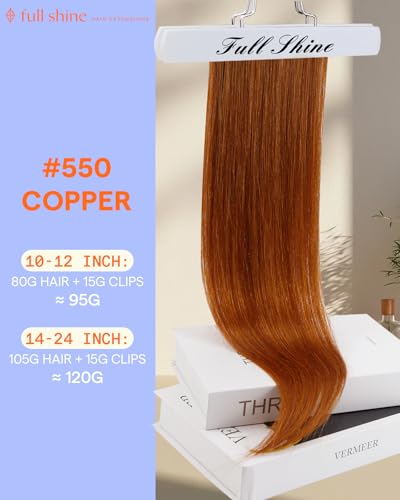 Image of Full Shine Clip in Hair Extensions 24 Inch Copper | Human Hair Clip in Extensions, Straight Invisible Hair, Brazilian Remy Human Hair Copper Red, 7 Pcs 120g