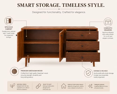 Image of Solid Sheesham Wood Sideboard Cabinet with 3 Drawers & 2 Door Storage | Wooden Buffet Cabinet for Dining Room | Modern Storage Console for Living Room & Entryway