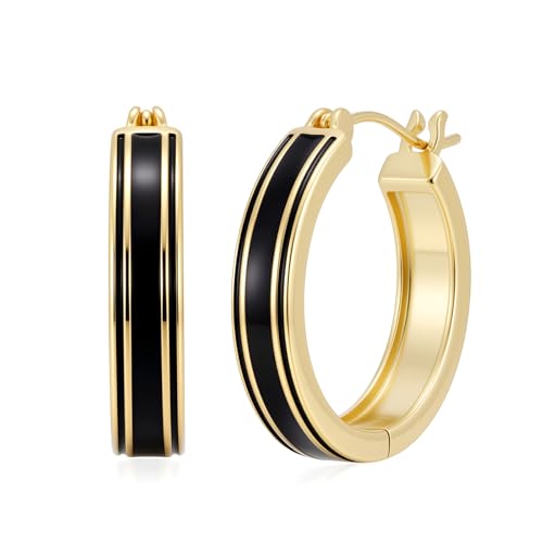 Ohslya 14K Gold Hoop Earrings Black and Gold Earrings for Women Hypoallergenic Large 25mm Hoop Earrings Trendy Elegant Earring Jewelry