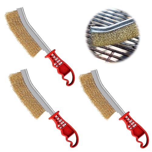 3 Stück Messingbürste Grill,Messingbürste,Grillbürste Messing,Messingbürste Grill Gusseisen,Handdrahtbürste,Mit Gebogener Kunststoffgriff Fur Die Reinigung Von Schweißschlacken Und Rost