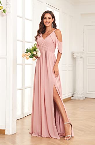 Cold Shoulder Bridesmaid Dress Long for Women with Slit Spaghetti Straps Chiffon Formal Party Dresses3