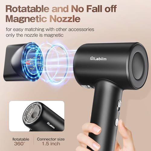 Image of Labiim Hair Dryer, High-Speed Ionic Blow Dryer 110,000 RPM Brushless Motor for Fast Drying, 200M Ions Frizz & Thermo-Control HairDryer with Magnetic Nozzle, Quiet Compact for Home Travel, Black