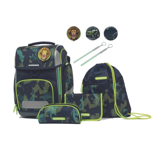 Schneiders Ergolite Camo Rush - Borsa per la scuola per ragazzi, set da 9 pezzi, testato ortopedico, con barre luminose a LED, sostenibile ed ergonomico, Camo Rush