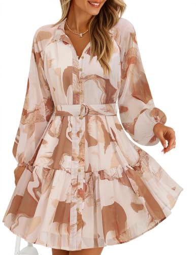 ZESICA Womens 2026 Fall Long Sleeve Floral Mini Dress Brown L