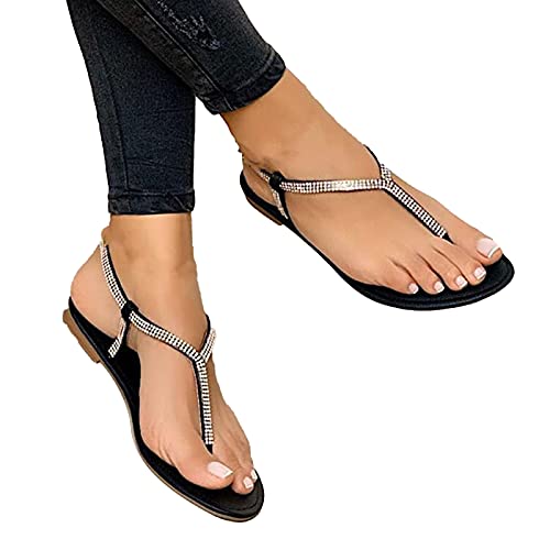 Clenp Damen Sandalen, Flip Flops Sandalen Strass Zehentrenner Damen Riemchen Flache rutschfeste Sandalen Für Strand Schwarz 37 Cover