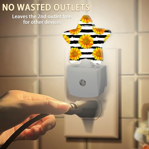 Image of Sunflowers Plug-in Night Light Black White Grid with Dusk-to-Dawn Sensor for Bedroom,Bathroom and Living Room Sleep Friendly lamp for Women /Girls /Boys Gift,0.5W