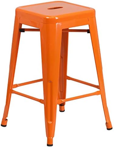 Flash Furniture Kai Commercial Grade 24" High Backless Orange Metal Indoor-Outdoor Counter Height Stool with Square Seat