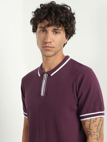 Image of NOBERO Men's Textured Polo Shirt, 100% Cotton Flat Knit, Regular Fit, Vibrant Hues, Classic Polo Collar, Soft & Breathable Casual Wear