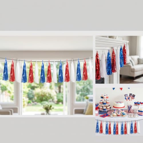 Image of 4P Red Blue White Foil Fringe Metallic Tassel Streamers Banner Tassel Garland for Parade Floats, Graduation, Wedding, Birthday, Halloween, Christmas, Independence Day, 4th of July, Party Decorations