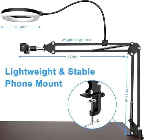 Image of Sounce Overhead Video Stand with 6-inch Ring Light, Metal arm Body,1 /4 inch Ball Head for Camera Desktop Stand, Mobile Bedroom Stand and Tablet Bracket for Overhead Video (6 inch with Ring Light)