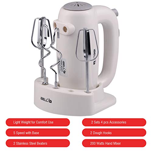 Image of iBELL Hand Mixer 300W, Beater /Blender /Electric Cream Maker for Cakes with Base, 5 Speed Control and 2 stainless Steel Beaters, 2 Dough Hooks (White)