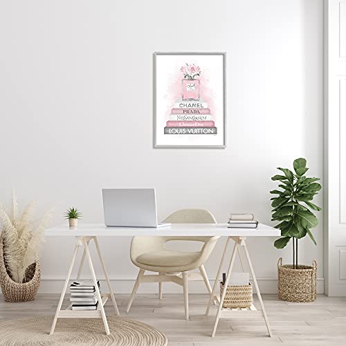 Image of Stupell Industries 'Pink Roses Perfume Bottle Glam Fashion Bookstack', Framed Giclee Art, Gray, 24 x 30 Inches, Easy to Hang and Sturdy, Made in USA, by Amanda Greenwood | Stupell Industries | Gray, 24 x 30 Inches, Easy to Hang and Sturdy, Made in USA, by Amanda Greenwood