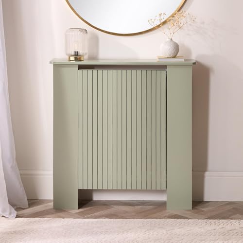 OHS Small Radiator Cover, Modern Slatted Front MDF Cabinet Decorative Heater Cover with Top Shelf Ribbed Radiator Covers for Living Room Bedroom Hallway, Sage Green - 78 x 82 x 19cm