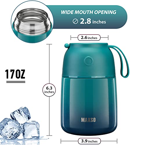 Image of MAXSO Soup Thermos for Hot Food, 17 oz Stainless Steel Vacuum Insulated Lunch Container Bento Box with Spoon for Adults, Leakproof Thermal Food Jar for Office Picnic Travel - Blue Green