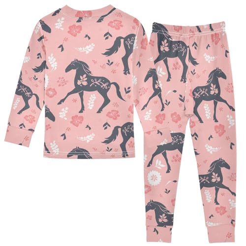 Fustylead Cute Horse Silhouette and Floral Decor Elements 2-Piece Cotton Pajama Set, Long Sleeve Top and Matching Bottom2