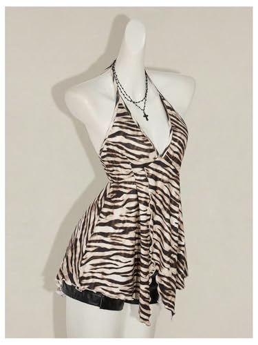 MakeMeChic Women's Halter Tops Zebra Print Backless Deep V Neck Summer Flowy Camisole Top3