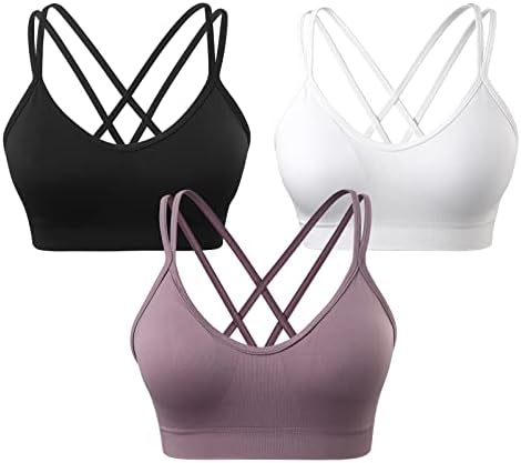 Womens Padded Sports Bra Criss-Cross Back Strappy Bra Workout Yoga Tops 3 Pack Purple/Blue/Black