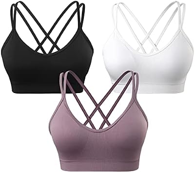 VEQKING 3-Pack Strappy Cross-Back Women Sports Bras with Removable Cups – Comfortable, Adjustable Su...