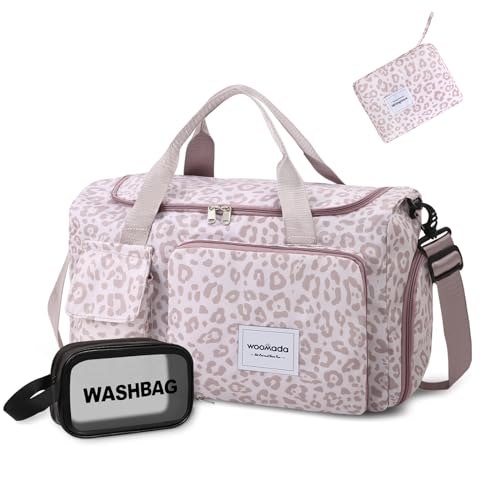 WOOMADA Foldable Travel Duffel Bag with Shoes Compartment, Overnight Bag with Wet Pocket, Weekender Carry On with cosmetic bag for Women（pink leopard）