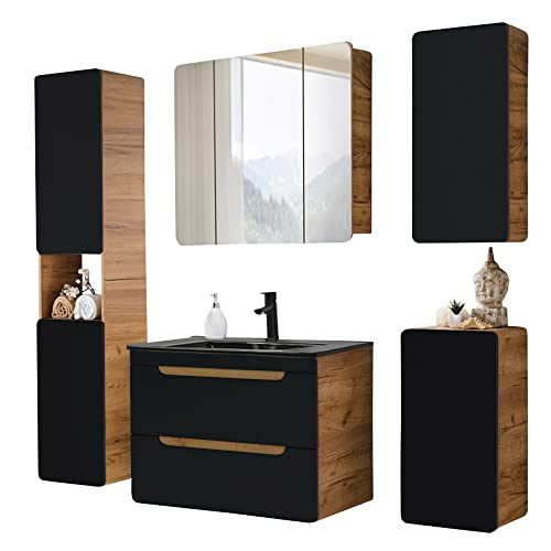 Lomadox Badmöbel Komplett Set in anthrazit mit Wotan Eiche Nb., 81 cm Waschtisch-Unterschrank mit Keramik-Waschbecken, LED-Spiegelschrank, Hochschrank, 2 Hängeschränke Lomadox Badmöbel Komplett Set in anthrazit mit Wotan Eiche Nb., 81 cm Waschtisch-Unterschrank mit Keramik-Waschbecken, LED-Spiegelschrank, Hochschrank, 2 Hängeschränke