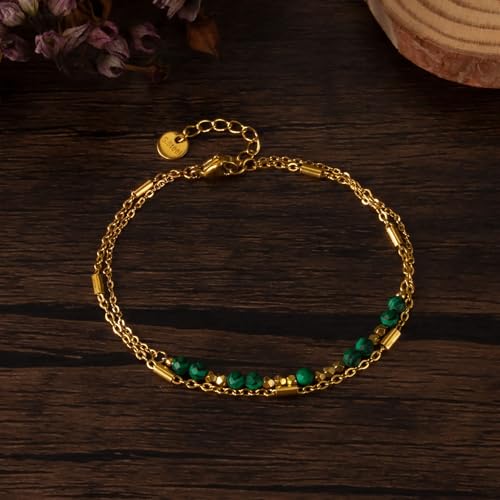 Fashion 18K Gold Plated Natural Stone Bracelet Stainless Steel Double Layer Adjustable Link Chain Bracelet3