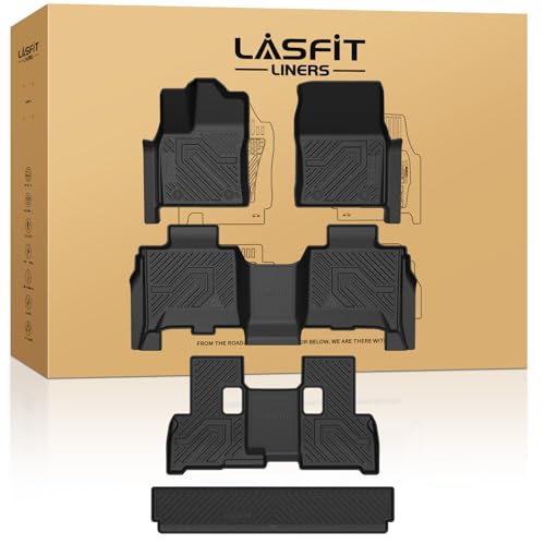 Image of LASFIT Floor Mats & Cargo Mat for Toyota Sequoia 2023-2026 (Not fit 7-Seater w /o Center Console), TPE All Weather Protection Car Liners Custom Fit for Sequoia 1st & 2nd & 3rd Row & Trunk Mats, Black
