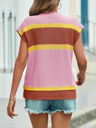 Image of Saodimallsu Womens Cap Sleeve Sweater Vest Top Summer Color Block Loose Knit Going Out Shirts Pink