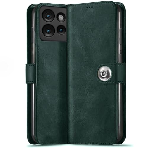 Image of TheGiftKart Flip Cover Back Case for Motorola Moto Edge 50 5G | Genuine Leather Finish | Designer Button | Inbuilt Pockets & Stand | Wallet Style Flip Case Cover for Moto Edge 50 (Faux Leather, Green)