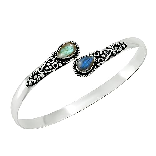 925 Silver Plated Natural Labradorite Cuff Bracelet for Women - Green Blue Stone Adjustable Open Bangle Handmade Jewelry - Valentine's Day Wedding Christmas Gift for Her