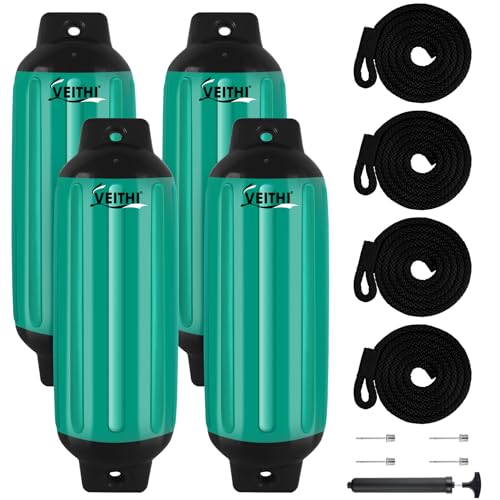 Boat fenders 4 pack with ribbed twin-eyelets, includes pump and ropes